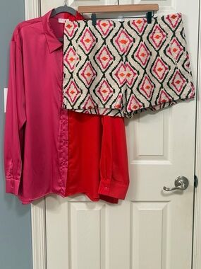 Linen Shorts Geometric Embroidered Women's Shorts - Pink & Cream